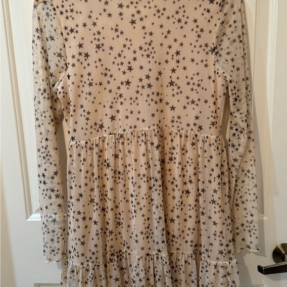 EUC- Altar’d State Pink Sheer Tiered Long Sleeve Mesh Dress with Black Stars - Picture 8 of 9